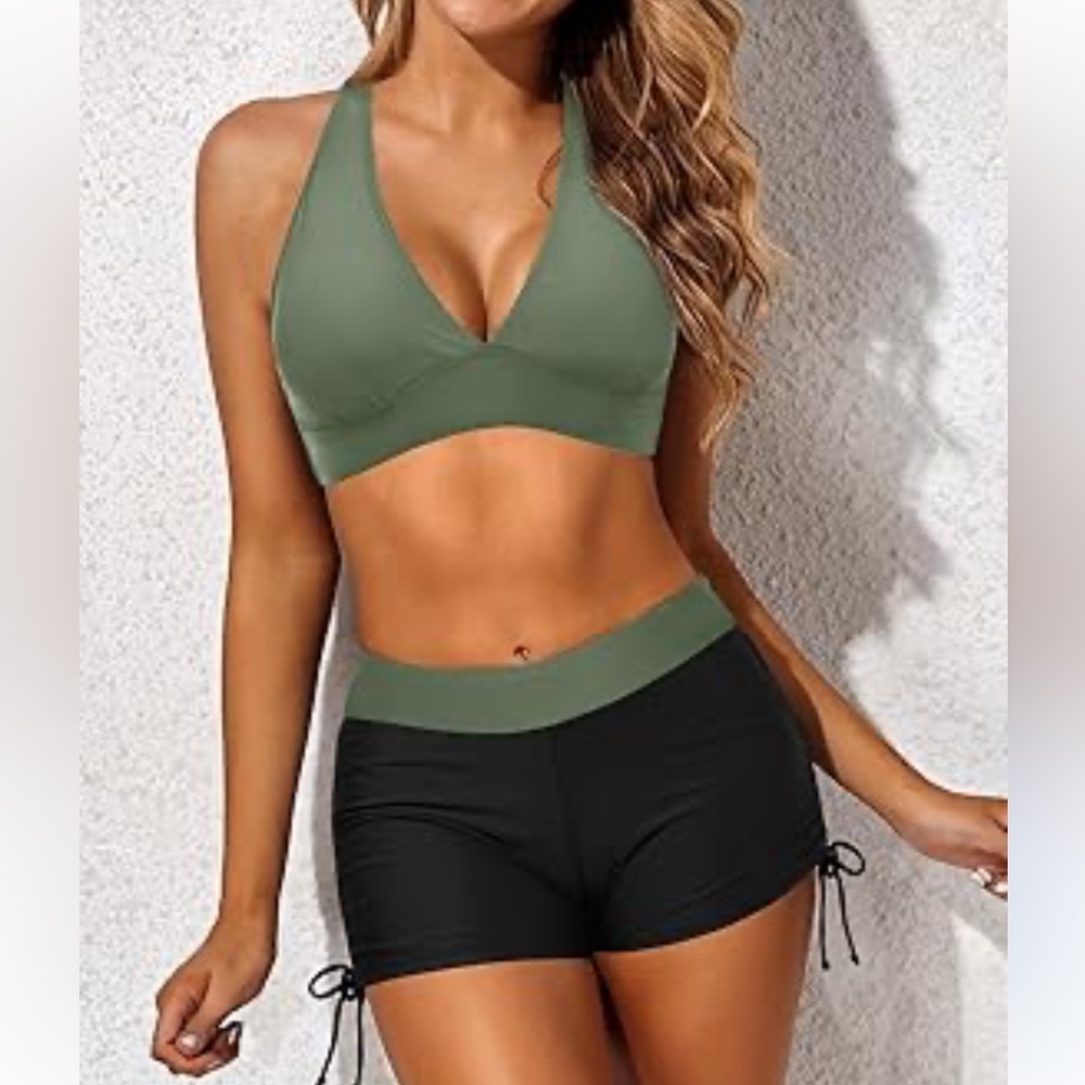 2026 Two Piece Swimsuits Tummy Control Swimwear Top + Boy shorts L